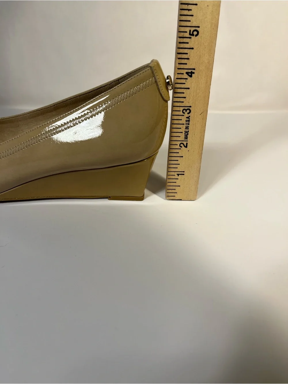 Stuart Weitzman Pleatolo Nude Tan Patent Leather Block Wedge Heels Buckle Toe 8